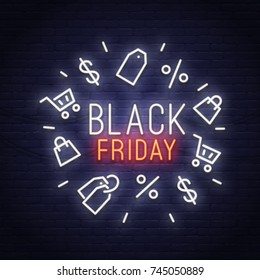 Sinal de neon Black Friday. Venda banner, logotipo, emblema e etiqueta. Sinal de néon, placa brilhante, faixa de luz.