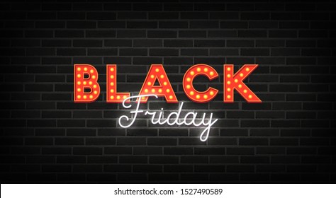 Black Friday neon sign. Web banner, logo, emblem and label. Neon sign, bright signboard, light banner