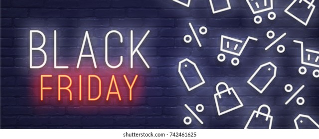 Black Friday neon sign. Web banner, logo, emblem and label. Neon sign, bright signboard, light banner.