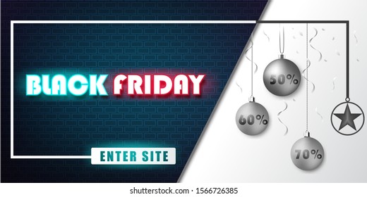 Black friday neon text and ball web banner, Supermarket promotion sign, Shopping online sale banner.