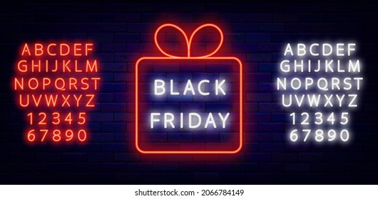 Black friday neon text in gift box emblem. White and red alphabets. Outer glowing effect banner. Shop and market concept on brick wall background. Editable stroke. Isolated vector illustration