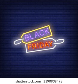 Black Friday neon text on tags. Offer or sale advertising design. Night bright neon sign, colorful billboard, light banner. Vector illustration in neon style.