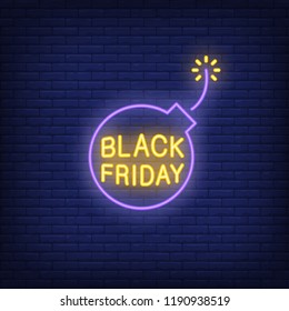 Black Friday neon text on bomb. Offer or sale advertising design. Night bright neon sign, colorful billboard, light banner. Vector illustration in neon style.