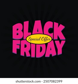 Black Friday neon typography banner vector illustration. Black Friday modern bold editable text. Design template for Black Friday sale banner, poster, greeting card, flyer. Sticker, tag, badge.