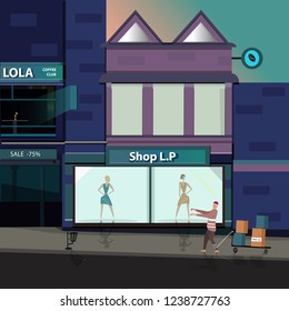 Black friday in the night city. Vector illustration in cartoon style