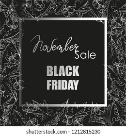 Black Friday. November. SALE. Autumn special offer banners with autumn leaves.   Composition in black and white colors. Sale season card perfect for prints, banners, promotion, special offer and more.