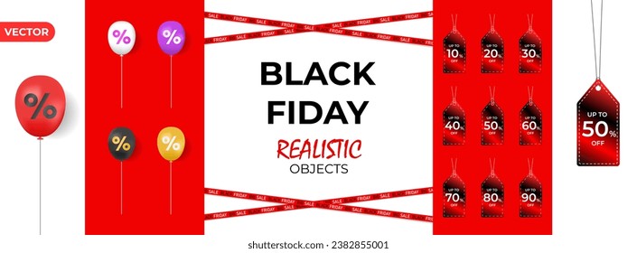 Black friday objects set. Realistic ballons and sale label. Helium balloons in black, red, golden, purple and white colors. Festive decorative element in realistic 3d design discount coupon. Vector