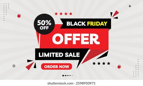Black Friday Offer: 50% Off Limited Sale Banner Template with Element Shapes, Black-Yellow-Red Gradient and White Background – Order Now