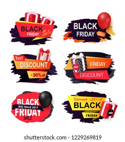 Black friday offer, autumn sale, banners design set vector. Sellout of exclusive products and goods, balloons and presents, giftboxes with ribbons