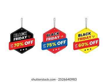 Black Friday offer dangler Vector template design, 70% off, 75% off, 60% off,  Black friday realistic hanging sales label collection, tag, sticker multiple color.
