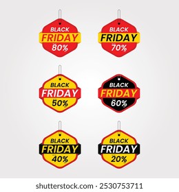 Black Friday bieten Dangler Vector Template Design, 80% Rabatt , 70%, 60%, 50%, 40% und 20% Rabatt, Black Friday realistisch hängende Sales Label Kollektion, Tag, Aufkleber mehrfarbig.
