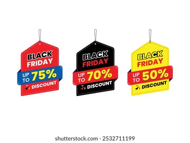 Black Friday bieten Dangler Vector Template Design, 70% Rabatt, 75% Rabatt, 60% Rabatt, Black Friday realistische hängende Sales Label Kollektion, Tag, Aufkleber mehrfarbig.