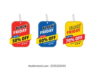 Black Friday oferecer dangler Vetor modelo design, 50% fora, 60% fora, 70% fora,
Coleção de etiqueta de venda de suspensão realista de sexta-feira preta, etiqueta, etiqueta adesivo de etiqueta de mão de várias cores.
adesivo de venda de compras