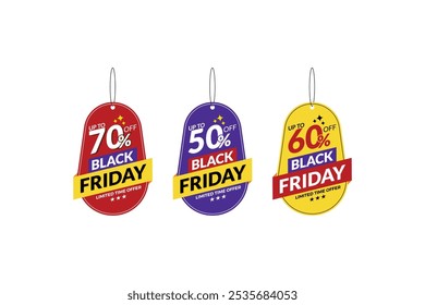 Black Friday offer dangler Vector template design, 50% off, 60% off, 70% off,
Black Friday realistic hanging sales label collection, tag, hand tag sticker multiple color.
shopping sale sticker