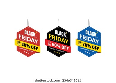 Black Friday offer dangler Vector template design, 50% off, 60% off, 70% off,
Black Friday realistic hanging sales label collection, tag, hand tag sticker multiple color.
shopping sale sticker