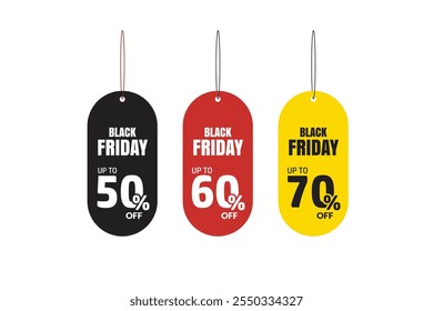 Black Friday offer dangler Vector template design, 50% off, 60% off, 70% off,
Black friday realistic hanging sales label collection tag, hang tag sticker multiple color.
shopping sale sticker