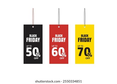 Black Friday offer dangler Vector template design, 50% off, 60% off, 70% off,
Black friday realistic hanging sales label collection tag, hang tag sticker multiple color.
shopping sale sticker