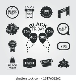 black friday, offer discount collection icons with shadows on gray background silhouette style vector illustration