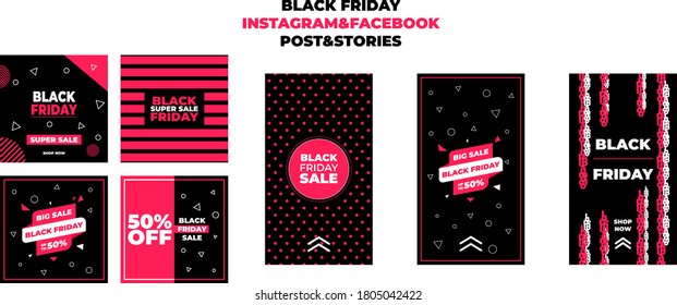 Black Friday offer posts and stories for Instagram and Facebook, Vector banner illustration, Black Friday Sale Offer set