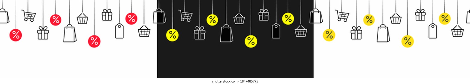 Black friday offer seamless banners or discount borders with gift box, shop bags, price tags and present. Vector illustration sale banner set isolated on white background