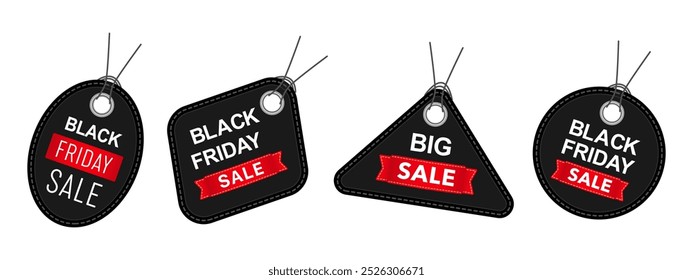Black Friday offer ticket. Big sales ad sticker set. Illustration, logo, stamp, emblem, mark or seal.