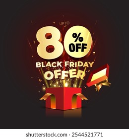 Black Friday ofrece, venta, compras, ofertas, descuentos, logotipos, diseño de concepto promocional con caja de regalo abierta roja sobre fondo negro oscuro y dorado. Ilustración vectorial