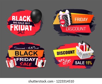 Black Friday offers and sales banners gifts set vector. Sellout of exclusive products with reduction of price, gifts and inflatable balloons clearance