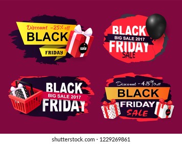 Black Friday offers and sales banners gifts set vector. Sellout of exclusive products with reduction of price, gifts and inflatable balloons clearance