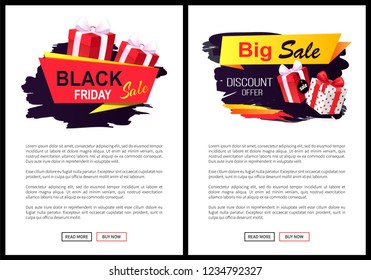 Black friday, offers and sales from shops stores vector. Web pages with text sample, presents in shopping basket, gifts and bows made of decor ribbons