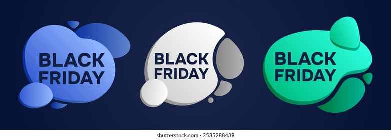 Black Friday on Abstract Gradient Shapes. Discount event. Text on unusual Smooth Liquid elements. November Sales day. Shopping, online purchases. Blue, white and green colors. Vector illustration.