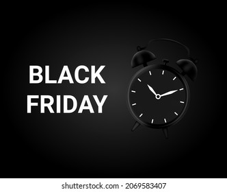 Viernes negro en un reloj despertador de fondo negro que llama a la hora de comprar elegante diseño clásico gráficos brillantes Concepto de viernes negro, tiempo de ventas estacional. Ilustración del vector