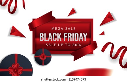 Black friday on board a red with ribbon and red circle gift