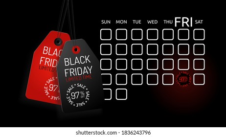El Viernes Negro del calendario está resaltado en rojo. Etiquetas con grandes descuentos en el día de la venta. Fondo negro. Vector 3d realista