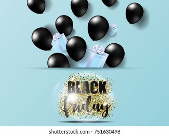 Black friday on gold glitter texture with black balloons and gift box. Vector illustration.