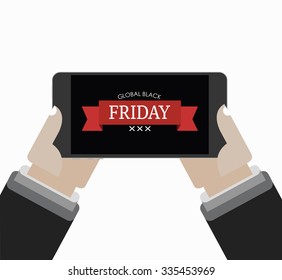 Black Friday on the phone. Hands holding a cell-phone, isolated on white