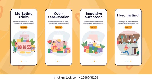 Black friday onboarding mobile app screen flat vector template. Impulsive purchase, herd instinct. Walkthrough website steps with characters. UX, UI, GUI smartphone cartoon interface, case prints set