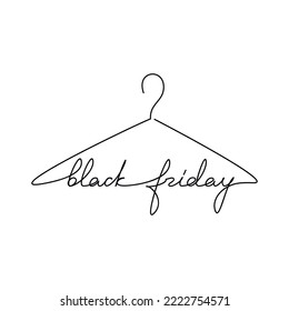 Black Friday one line continuous lettering. Hand drawn clothes hanger icon for banner, flyer, showcase design, retail shop, outlet. Sale concept.