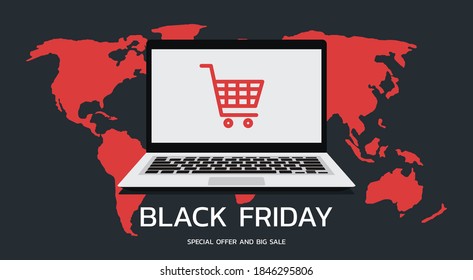 Black Friday online promotion sale around the world web banner concept on laptop screen, Seasonal e-commerce, flat vector illustration