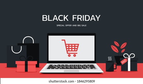 Black Friday online promotion sale web banner concept on laptop screen with shopping bags, gift boxes, and shopping cart icon, Seasonal e-commerce, flat vector illustration