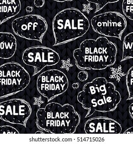 Black Friday. Online sale. Seamless pattern. Sketch bubbles with text. Knitting dark background. Vector illustration.