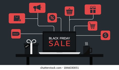 Black Friday online sale web banner concept on laptop computer screen on desk with gift box, cup, and icon, Seasonal e-commerce, flat vector illustration