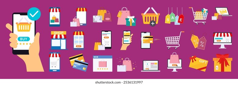 Black Friday Online-Shopping mit Warenkorb, Kreditkarte und Kauf-Symbol. Kauf Angebote und Rabatte Set Flat Illustration