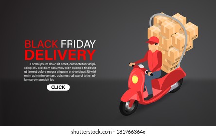 Black friday online shopping delivery express by scooter with illustration. isometric flat design.