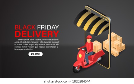 Black friday online shopping delivery express by scooter with illustration. isometric flat design.