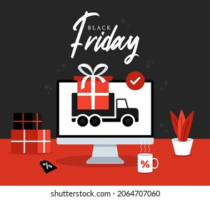 Black friday online shopping delivery. Free shipping delivery truck flat vector icon for apps and websites. Black Friday concept.