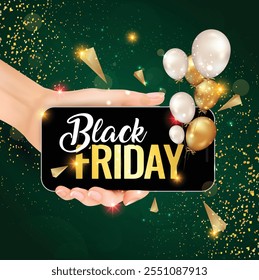 Black Friday Online Shopping  gifts bag with Hand, phone and coins vector Background