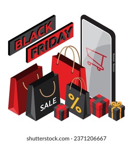 Black Friday online shopping Illustration - Smartphone, shopping bags and gifts. Black Friday vector illustration.