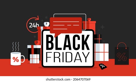 black friday online shopping on tablet. sale online shopping with tablet or smart gadget. poster , banner , background or template. vector illustration.
