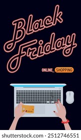 Black Friday online shopping poster. Female hand holding a credit card buying online on a laptop computer