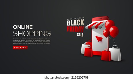 Black friday Online shopping, con una ilustración de un smartphone rojo 3d.	